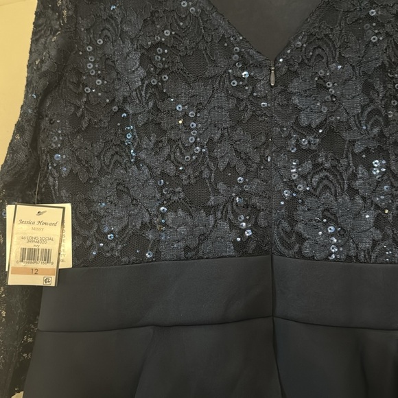 Jessica Howard Blue Lace Bodice Peplum 3/4 Sleeve Formal Evening Dress - Picture 4 of 4